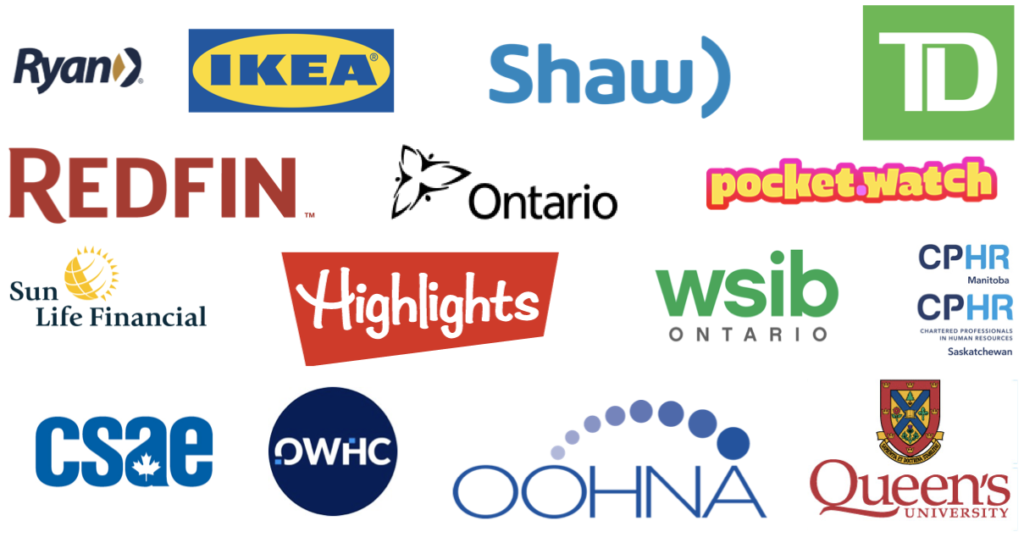 Logos of organizations that Jason has spoken to including Ikea, Shaw, Redfin, Ryan llc, TD Bank, Government of Ontario, Shaw Communications and more