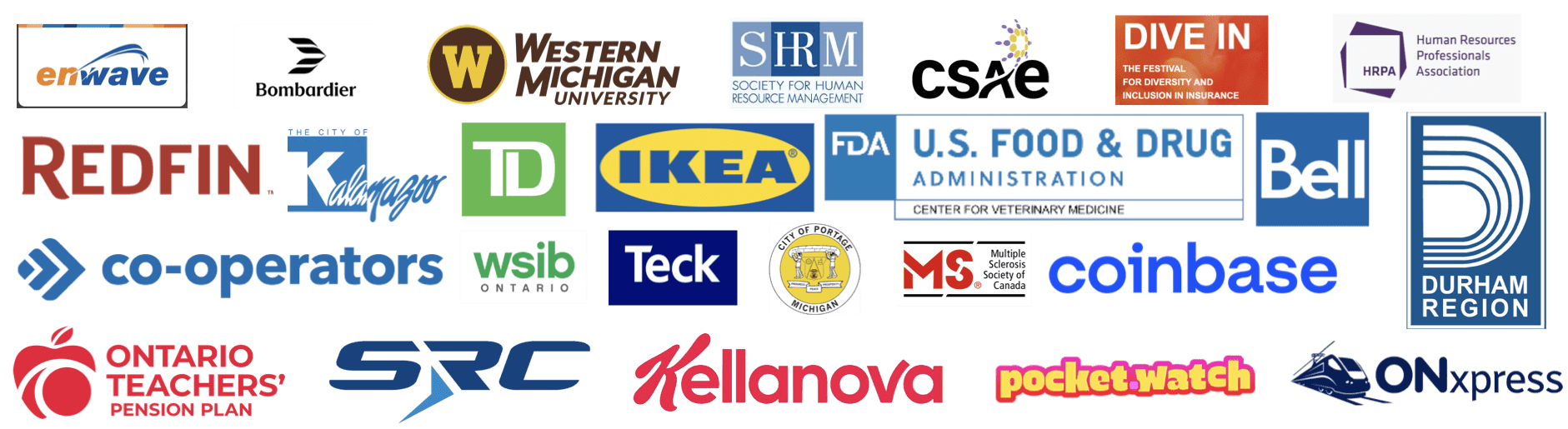 List of logos of organizations that Jason Reid has worked with including Bombardier, TD Bank, Ikea, Coinbase and Kellanova